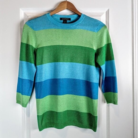 Lauren Ralph Lauren Blue Green Wide Stripe Crewneck Sweater - Picture 1 of 4